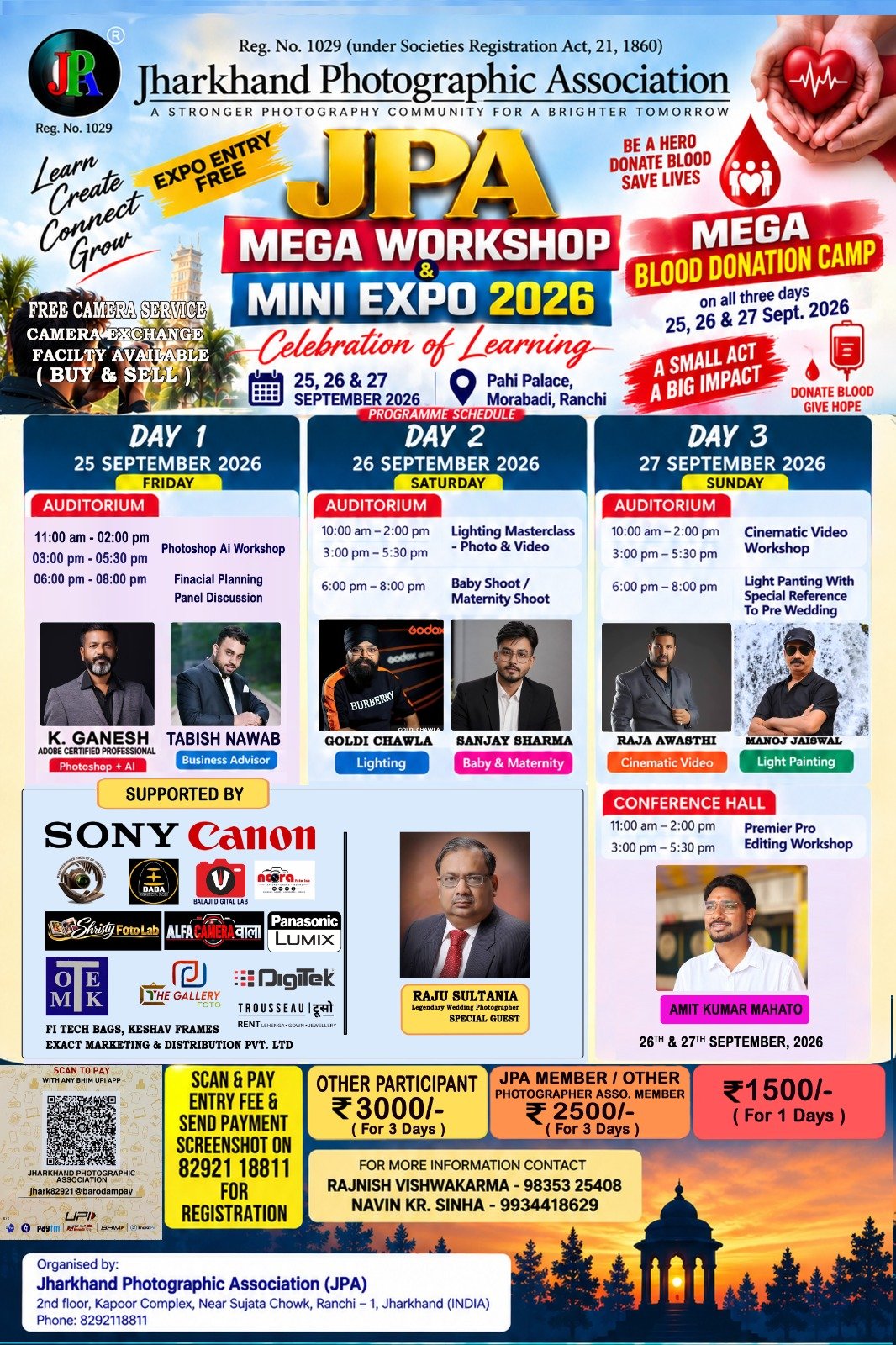 Programme poster for the JPA Mega Workshop and Mini Expo 2026 on 25, 26 and 27 September at Pahi Palace, Morabadi, Ranchi